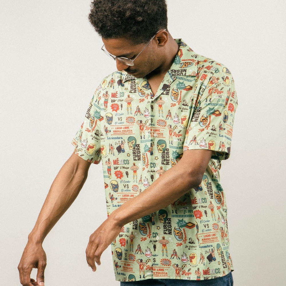 NWT Brava Fabrics Aloha Shirt Lucha Libre Green